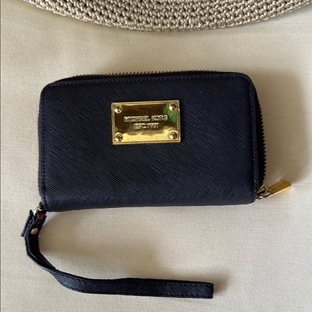 Michael Kors Black Saffiano Leather Zip Wristlet with Gold Plate
